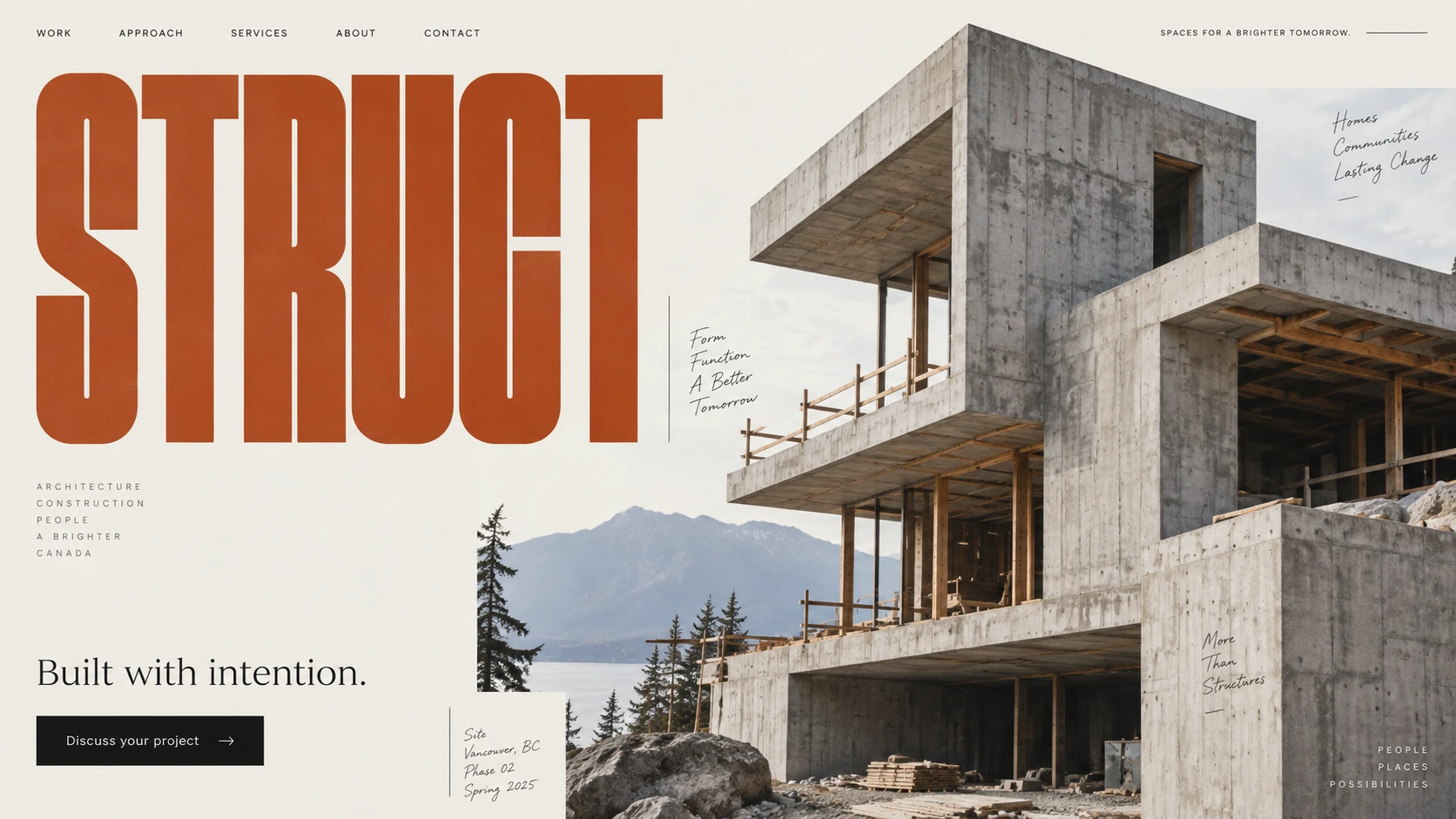 Illustrative general contractor website with bold typography and architectural imagery