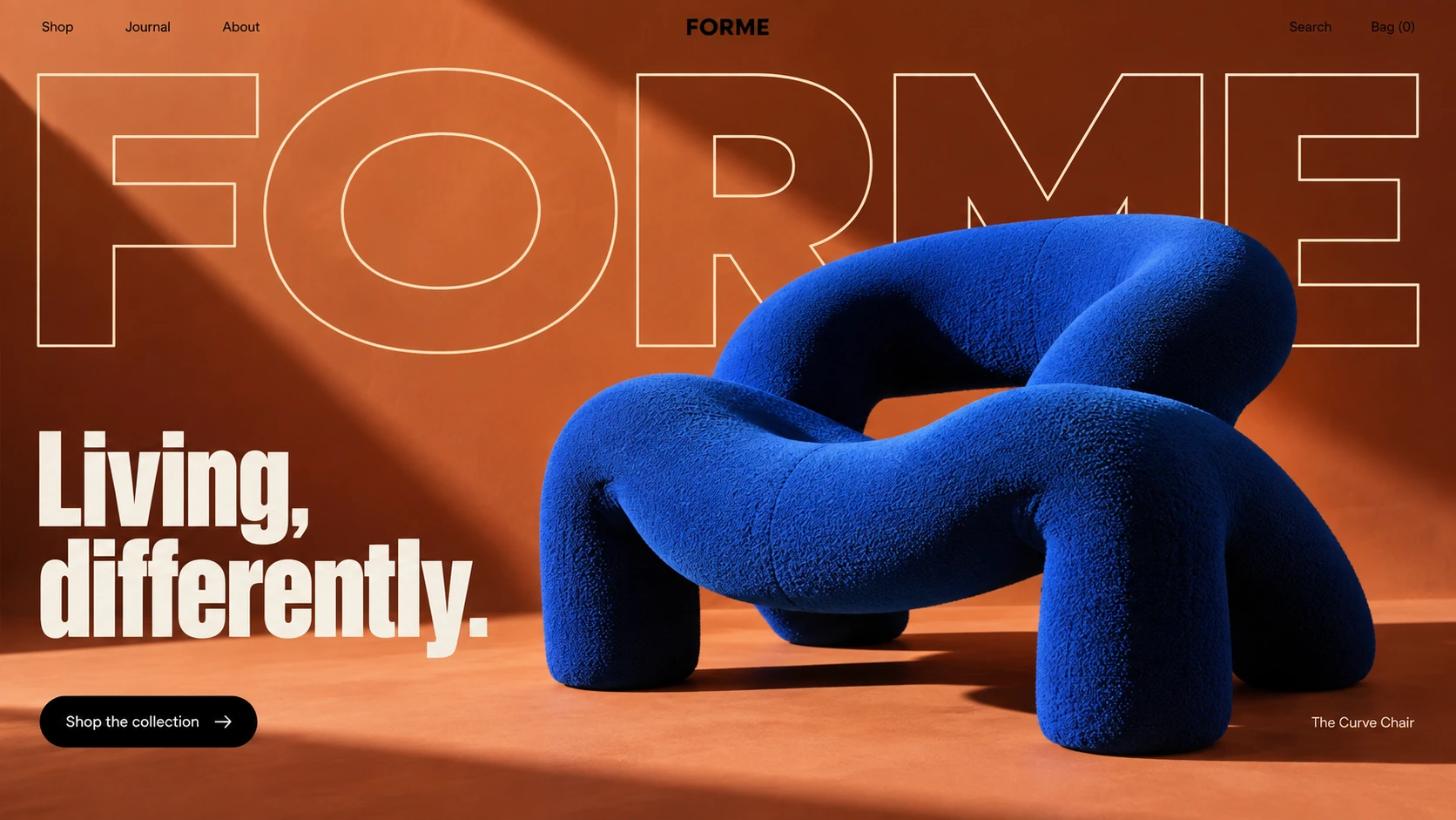 FORME ecommerce header: a cobalt sculptural chair against terracotta with bold editorial typography